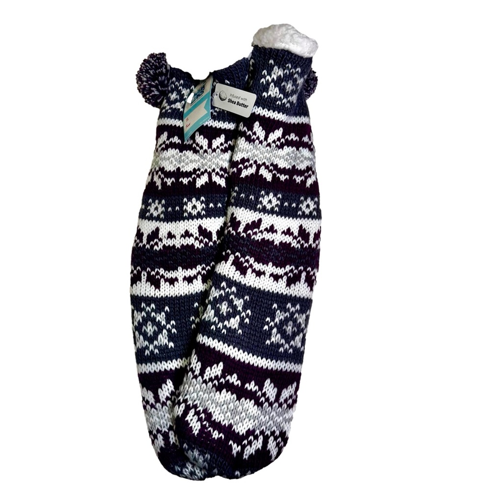Muk Luks Women's One Size Fair Isle Cozy Slipper Socks Burgundy Gray Shea Butter - Picture 3 of 11